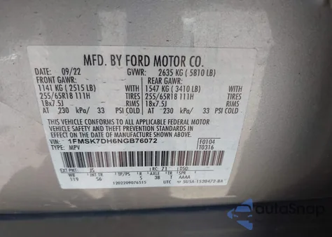 2022 Ford Explorer Xlt из США, поврежденный, VIN 1FMSK7DH6NGB76072